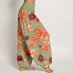 Buddha Stones Cotton Intensely Colored Flower Pattern Women's Elastic Waist Harem Pants