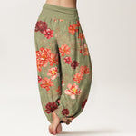 Buddha Stones Cotton Intensely Colored Flower Pattern Women's Elastic Waist Harem Pants