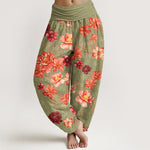 Buddha Stones Cotton Intensely Colored Flower Pattern Women's Elastic Waist Harem Pants