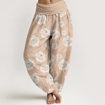 Buddha Stones Cotton Elegant White Flowers Pattern Women's Elastic Waist Harem Pants