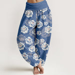 Buddha Stones Cotton Elegant White Flowers Pattern Women's Elastic Waist Harem Pants