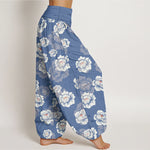 Buddha Stones Cotton Elegant White Flowers Pattern Women's Elastic Waist Harem Pants