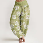 Buddha Stones Cotton Elegant White Flowers Pattern Women's Elastic Waist Harem Pants