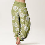 Buddha Stones Cotton Elegant White Flowers Pattern Women's Elastic Waist Harem Pants