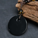 Buddha Stones Yin Yang Symbol Om Mani Padme Hum Black Obsidian Strength Necklace Pendant