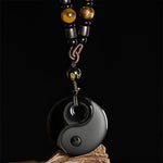 Buddha Stones Yin Yang Symbol Om Mani Padme Hum Black Obsidian Strength Necklace Pendant