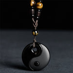 Buddha Stones Yin Yang Symbol Om Mani Padme Hum Black Obsidian Strength Necklace Pendant