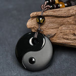 Buddha Stones Yin Yang Symbol Om Mani Padme Hum Black Obsidian Strength Necklace Pendant