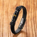 Buddha Stones Om Mani Padme Hum Dragon Symbol Black Onyx Leather Titanium Steel Balance Protection Bracelet