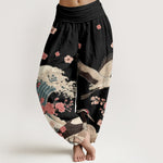 Buddha Stones Pure Cotton Cranes Peach Blossoms Ocean Women's Elastic Waist Harem Pants