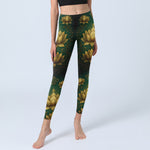 Buddha Stones Golden Lotus Pattern Print Gym Leggings Women's Yoga Pants