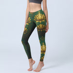 Buddha Stones Golden Lotus Pattern Print Gym Leggings Women's Yoga Pants