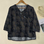 Buddha Stones Spring V-Neck Printed Floral Pattern Women's Long Sleeve Shirt