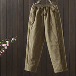 Buddha Stones Flower Pattern Cotton Polyester Embroidery Thick Women's Pants With Pockets