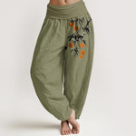 Buddha Stones Pure Cotton Brightly Colored Fruit Branches Pattern Women's Elastic Waist Harem Pants