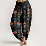 Buddha Stones Pure Cotton Colorful Lotus Flowers Green Leaves Geometric Women's Elastic Waist Harem Pants