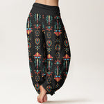 Buddha Stones Pure Cotton Colorful Lotus Flowers Green Leaves Geometric Women's Elastic Waist Harem Pants