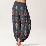 Buddha Stones Pure Cotton Colorful Lotus Flowers Green Leaves Geometric Women's Elastic Waist Harem Pants