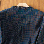 Buddha Stones Fall Blue Plaid V-Neck Buttons Design Women's Cotton Long Sleeve Shirt