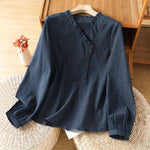 Buddha Stones Fall Blue Plaid V-Neck Buttons Design Women's Cotton Long Sleeve Shirt