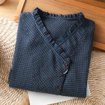 Buddha Stones Fall Blue Plaid V-Neck Buttons Design Women's Cotton Long Sleeve Shirt