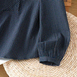 Buddha Stones Fall Blue Plaid V-Neck Buttons Design Women's Cotton Long Sleeve Shirt