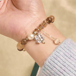 Buddha Stones Four Leaf Clover Amethyst Citrine Green Strawberry Quartz Rutilated Quartz Balance Bracelet