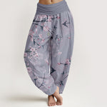 Buddha Stones Cotton Peach Blossoms Flying Geese Pattern Women's Elastic Waist Harem Pants