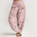 Buddha Stones Cotton Peach Blossoms Flying Geese Pattern Women's Elastic Waist Harem Pants