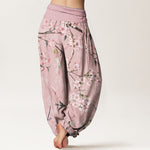 Buddha Stones Cotton Peach Blossoms Flying Geese Pattern Women's Elastic Waist Harem Pants
