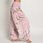 Buddha Stones Cotton Peach Blossoms Flying Geese Pattern Women's Elastic Waist Harem Pants