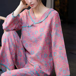 Buddha Stones 2pcs Floral Pattern Frog-Button Long Sleeve Round Neck Shirt Pants Cotton Pajamas Set