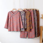 Buddha Stones 2pcs Floral Pattern Frog-Button Long Sleeve Round Neck Shirt Pants Cotton Pajamas Set