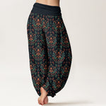Buddha Stones Pure Cotton Retro Symmetrical Flower Leaf Pattern Women's Elastic Waist Harem Pants