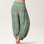 Buddha Stones Pure Cotton Retro Symmetrical Flower Leaf Pattern Women's Elastic Waist Harem Pants