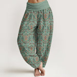Buddha Stones Pure Cotton Retro Symmetrical Flower Leaf Pattern Women's Elastic Waist Harem Pants