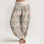 Buddha Stones Pure Cotton Retro Symmetrical Flower Leaf Pattern Women's Elastic Waist Harem Pants