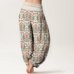 Buddha Stones Pure Cotton Retro Symmetrical Flower Leaf Pattern Women's Elastic Waist Harem Pants