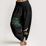 Buddha Stones Pure Cotton Elegant Colors Pine Tree Crane Pattern Women's Elastic Waist Harem Pants