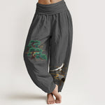 Buddha Stones Pure Cotton Elegant Colors Pine Tree Crane Pattern Women's Elastic Waist Harem Pants
