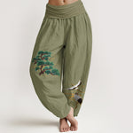Buddha Stones Pure Cotton Elegant Colors Pine Tree Crane Pattern Women's Elastic Waist Harem Pants