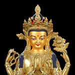 Buddha Stones Chenrezig Four-armed Avalokitesvara Protection Copper Gold Plated Statue Decoration