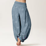 Buddha Stones Pure Cotton Trouser Legs Neatly Arranged Butterfly Grass Flower Pattern Women's Elastic Waist Harem Pants