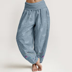 Buddha Stones Pure Cotton Trouser Legs Neatly Arranged Butterfly Grass Flower Pattern Women's Elastic Waist Harem Pants