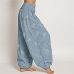 Buddha Stones Pure Cotton Trouser Legs Neatly Arranged Butterfly Grass Flower Pattern Women's Elastic Waist Harem Pants