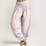 Buddha Stones Pure Cotton Trouser Legs Neatly Arranged Butterfly Grass Flower Pattern Women's Elastic Waist Harem Pants