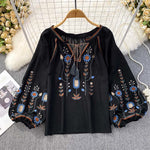 Buddha Stones Casual Embroidery Flower Leaf Pattern Women's Cotton Linen Round Neck T-shirt