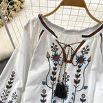 Buddha Stones Casual Embroidery Flower Leaf Pattern Women's Cotton Linen Round Neck T-shirt