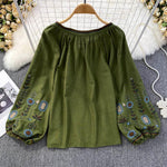 Buddha Stones Casual Embroidery Flower Leaf Pattern Women's Cotton Linen Round Neck T-shirt