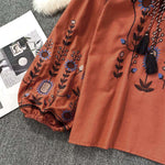 Buddha Stones Casual Embroidery Flower Leaf Pattern Women's Cotton Linen Round Neck T-shirt